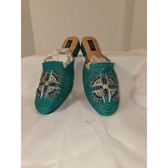 SAACHI Women's Green Peacock Embellished Mules Shoes Size 10 - Picture 1 of 4